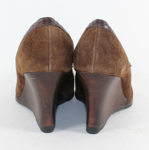 Kenneth Cole Reaction PETE LOW Sz 6 Brown Suede Grogrn Bow Wood Wedge Heels 663O