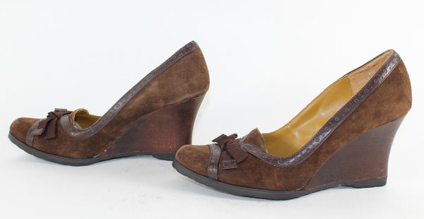 Kenneth Cole Reaction PETE LOW Sz 6 Brown Suede Grogrn Bow Wood Wedge Heels 663O