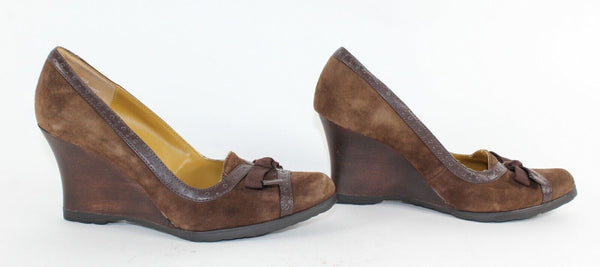 Kenneth Cole Reaction PETE LOW Sz 6 Brown Suede Grogrn Bow Wood Wedge Heels 663O