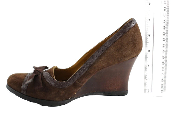 Kenneth Cole Reaction PETE LOW Sz 6 Brown Suede Grogrn Bow Wood Wedge Heels 663O