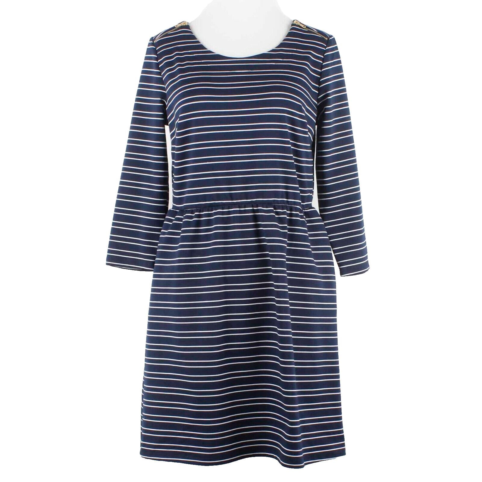 Maurices NEW $39 Sz M Navy Blue White Stripe Gold Zips Poly Blend Dress