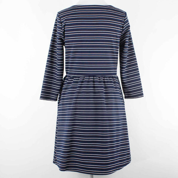 Maurices NEW $39 Sz M Navy Blue White Stripe Gold Zips Poly Blend Dress