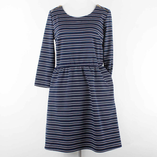 Maurices NEW $39 Sz M Navy Blue White Stripe Gold Zips Poly Blend Dress