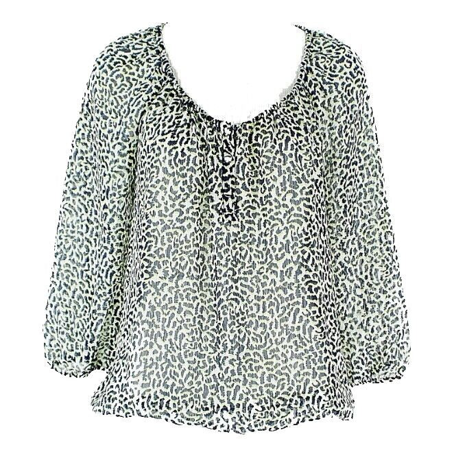Liz Claiborne Sz S White Navy Lime Animal Print Elastic Hem Polyester Top