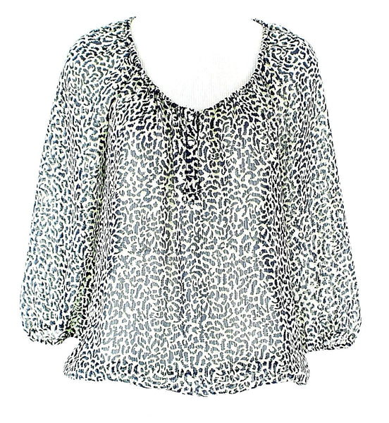 Liz Claiborne Sz S White Navy Lime Animal Print Elastic Hem Polyester Top