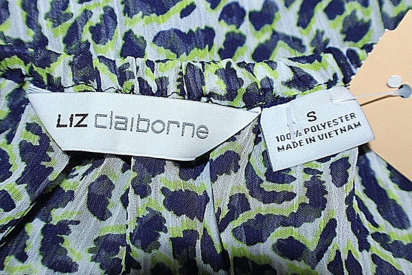 Liz Claiborne Sz S White Navy Lime Animal Print Elastic Hem Polyester Top