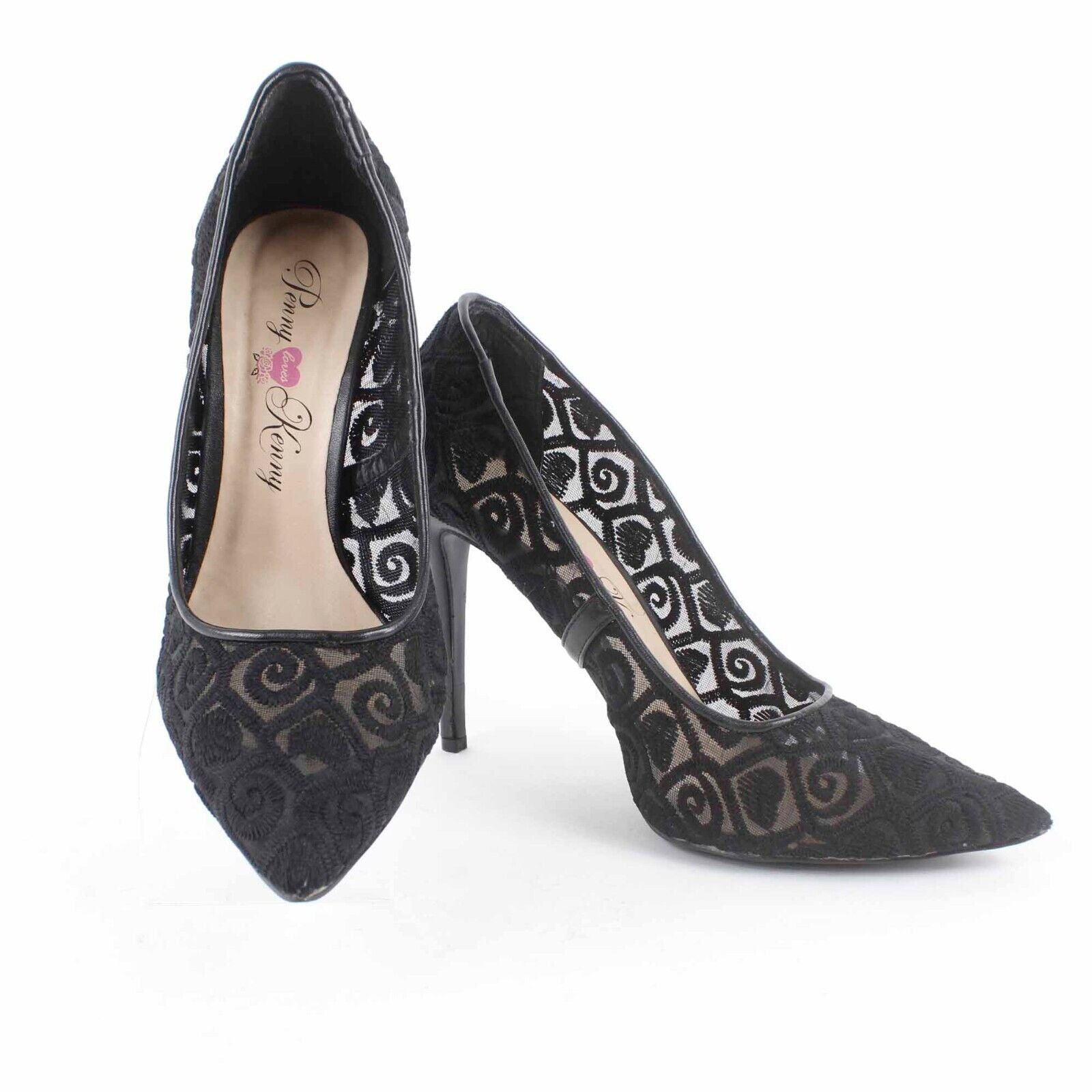 Penny loves Kenny Sz 9.5M Black Embroidered Sheer Mesh Point Toe High Heel Pump