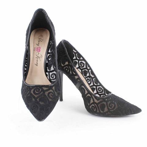 Penny loves Kenny Sz 9.5M Black Embroidered Sheer Mesh Point Toe High Heel Pump