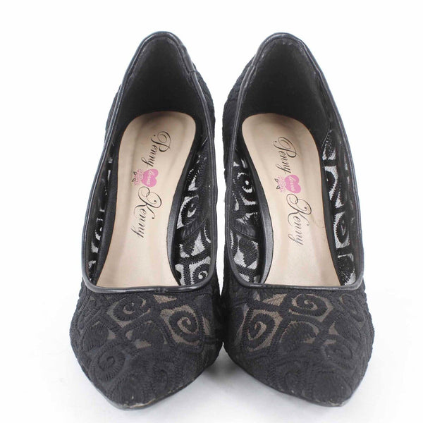 Penny loves Kenny Sz 9.5M Black Embroidered Sheer Mesh Point Toe High Heel Pump