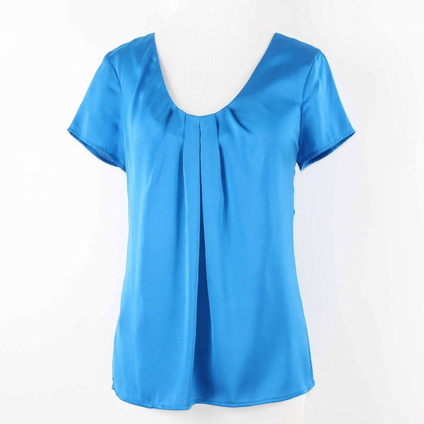 Ann Taylor Sz S Blue Pleated Neckline Pullover Polyester Blend Blouse Top
