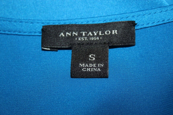 Ann Taylor Sz S Blue Pleated Neckline Pullover Polyester Blend Blouse Top