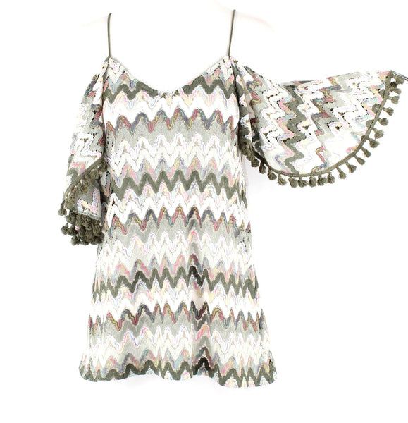 VaVa Sz XS Olive White Pink Gold Polyester Blend Cold Shoulder Bargello Knit Top