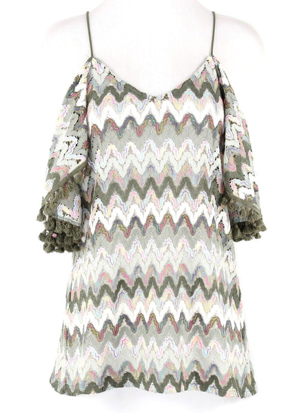 VaVa Sz XS Olive White Pink Gold Polyester Blend Cold Shoulder Bargello Knit Top