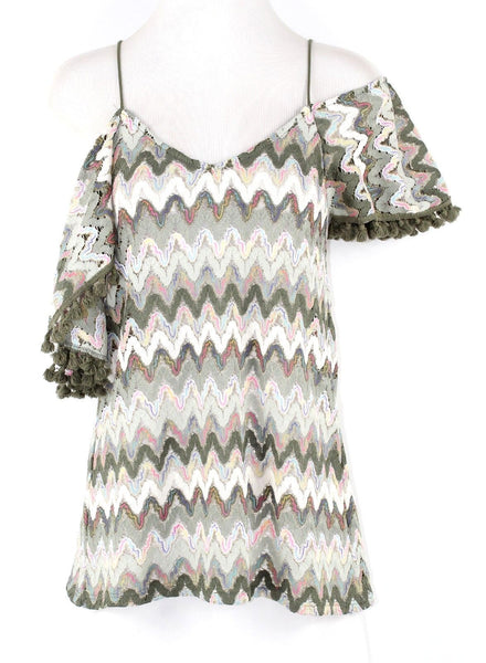 VaVa Sz XS Olive White Pink Gold Polyester Blend Cold Shoulder Bargello Knit Top