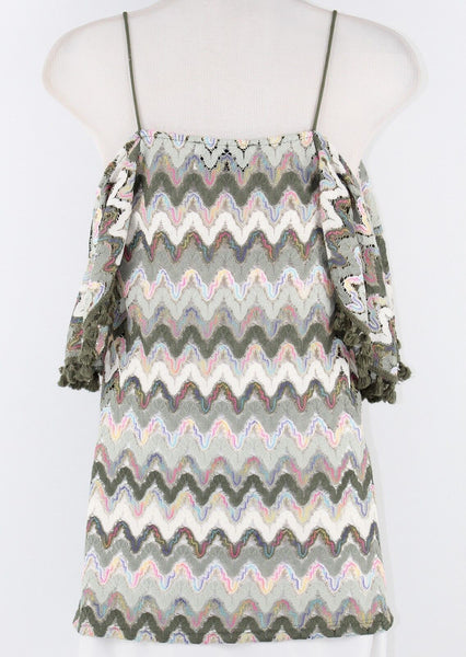 VaVa Sz XS Olive White Pink Gold Polyester Blend Cold Shoulder Bargello Knit Top