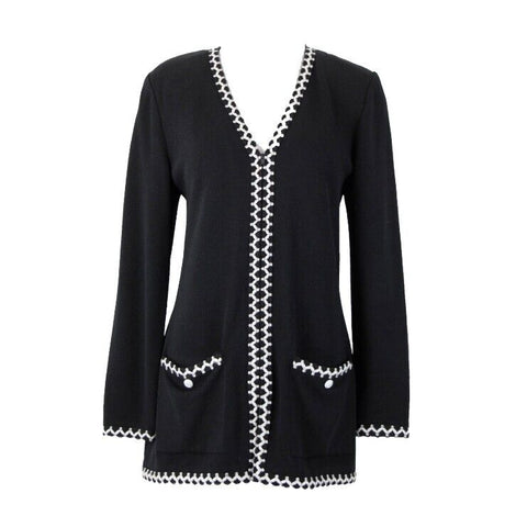 St John Collection Sz S Black White Trim Zipper Pockets Santana Knit Jacket