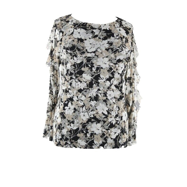 Charter Club Sz XL Taupe Black Multi Sheer Ruffle Sleeve 100% Nylon Top