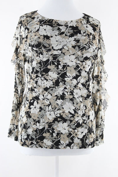 Charter Club Sz XL Taupe Black Multi Sheer Ruffle Sleeve 100% Nylon Top