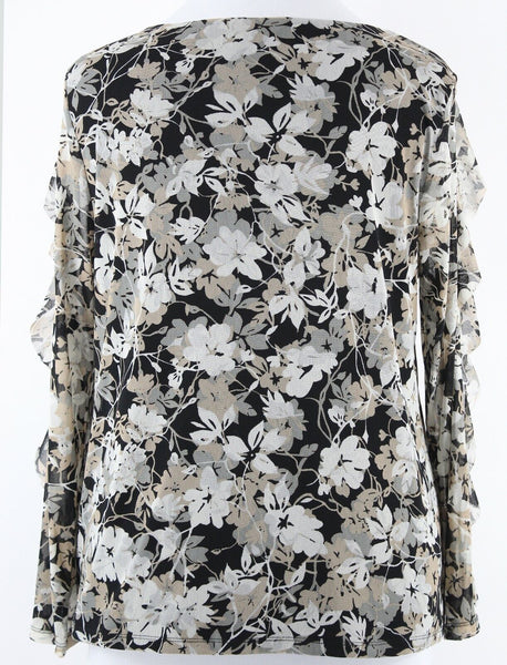 Charter Club Sz XL Taupe Black Multi Sheer Ruffle Sleeve 100% Nylon Top