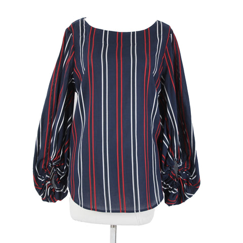 Cabi Sz M Navy Blue Red White Striped Balloon Sleeve 100% Cotton Top
