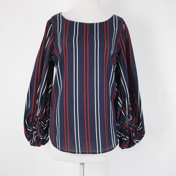 Cabi Sz M Navy Blue Red White Striped Balloon Sleeve 100% Cotton Top