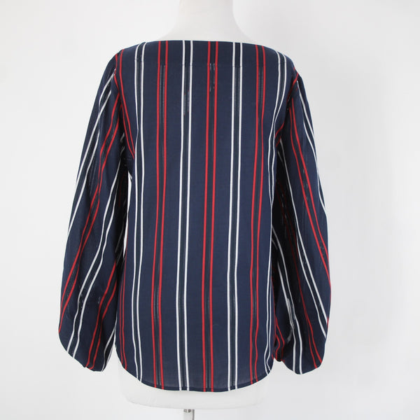 Cabi Sz M Navy Blue Red White Striped Balloon Sleeve 100% Cotton Top