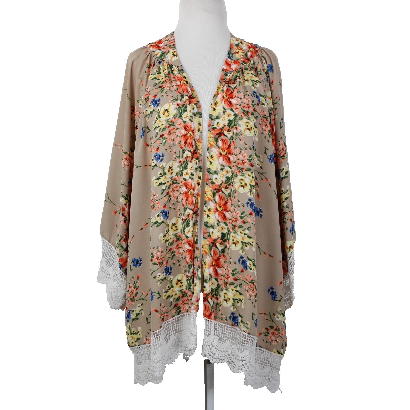 Umgee Sz S/M Tan Pink Multi Color Embroidered Floral Cotton Poly Wrap Sweater