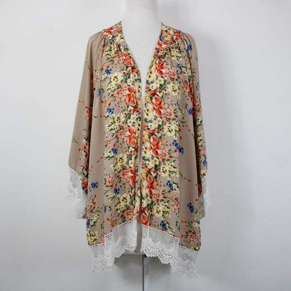 Umgee Sz S/M Tan Pink Multi Color Embroidered Floral Cotton Poly Wrap Sweater