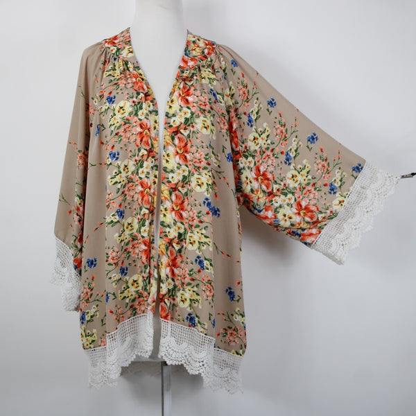 Umgee Sz S/M Tan Pink Multi Color Embroidered Floral Cotton Poly Wrap Sweater