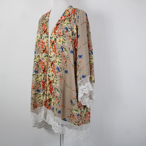 Umgee Sz S/M Tan Pink Multi Color Embroidered Floral Cotton Poly Wrap Sweater