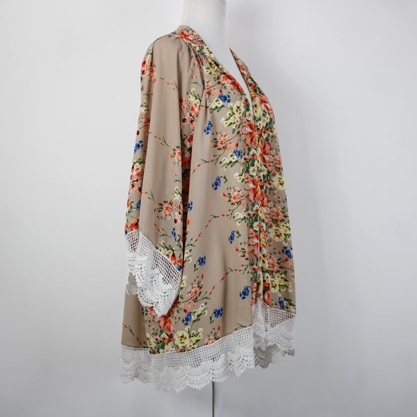 Umgee Sz S/M Tan Pink Multi Color Embroidered Floral Cotton Poly Wrap Sweater