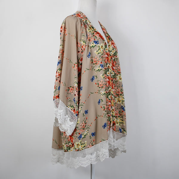 Umgee Sz S/M Tan Pink Multi Color Embroidered Floral Cotton Poly Wrap Sweater