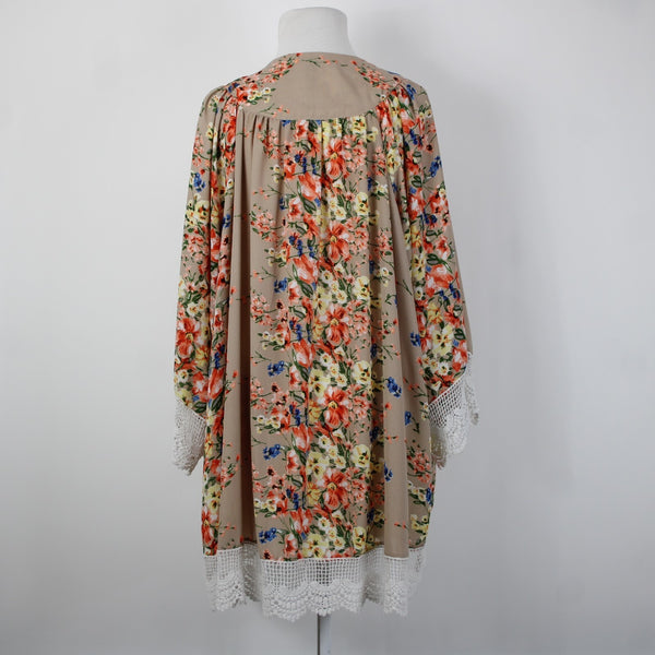 Umgee Sz S/M Tan Pink Multi Color Embroidered Floral Cotton Poly Wrap Sweater