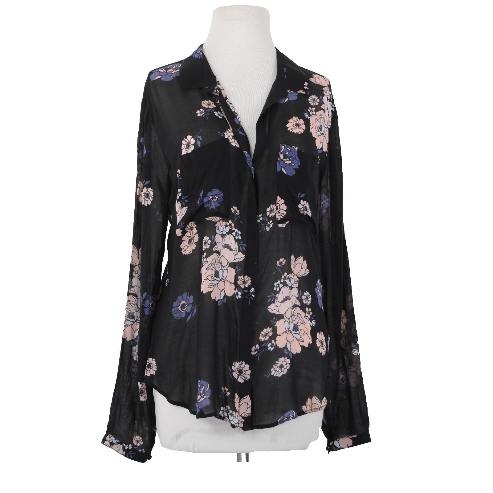 Cloth And Stone Top Sz L Black Blue Multi Color Collared Buttons Sheer Rayon Top