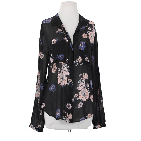 Cloth And Stone Top Sz L Black Blue Multi Color Collared Buttons Sheer Rayon Top