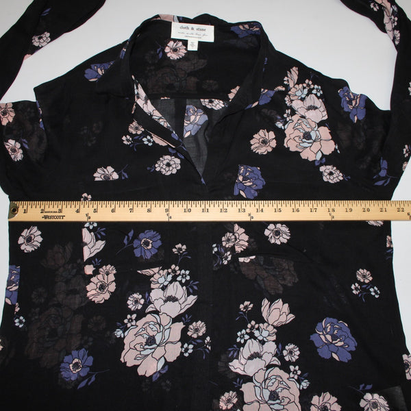 Cloth And Stone Top Sz L Black Blue Multi Color Collared Buttons Sheer Rayon Top