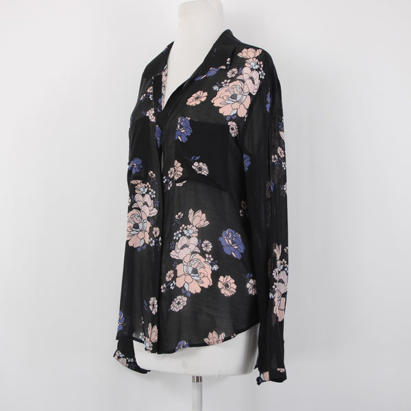 Cloth And Stone Top Sz L Black Blue Multi Color Collared Buttons Sheer Rayon Top