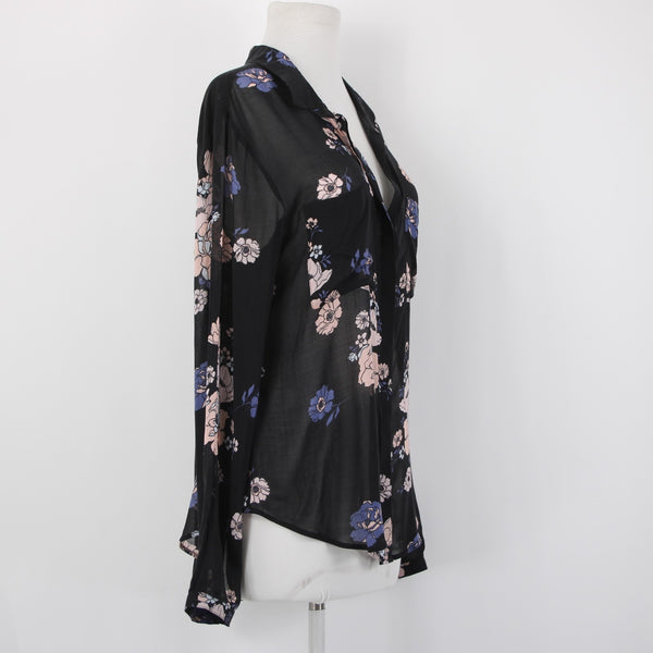 Cloth And Stone Top Sz L Black Blue Multi Color Collared Buttons Sheer Rayon Top