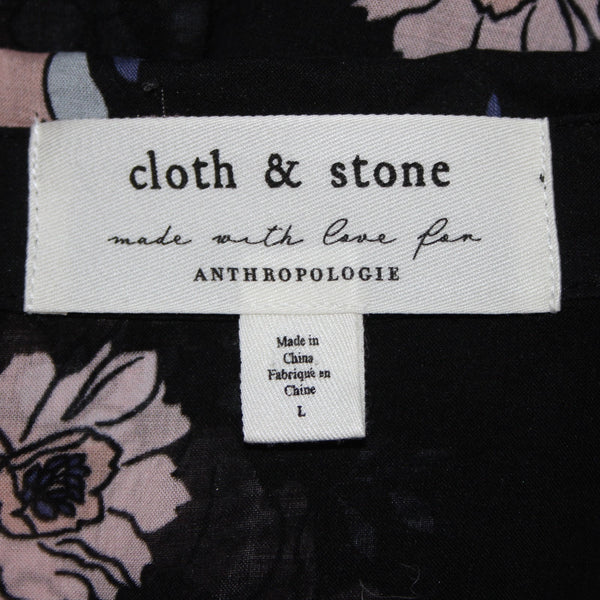 Cloth And Stone Top Sz L Black Blue Multi Color Collared Buttons Sheer Rayon Top