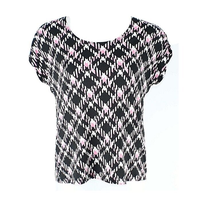 Vintage Suzie Sz L Black Pink White Drop Shoulder Polyester Spandex Top