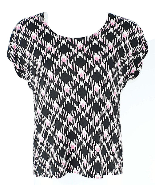 Vintage Suzie Sz L Black Pink White Drop Shoulder Polyester Spandex Top