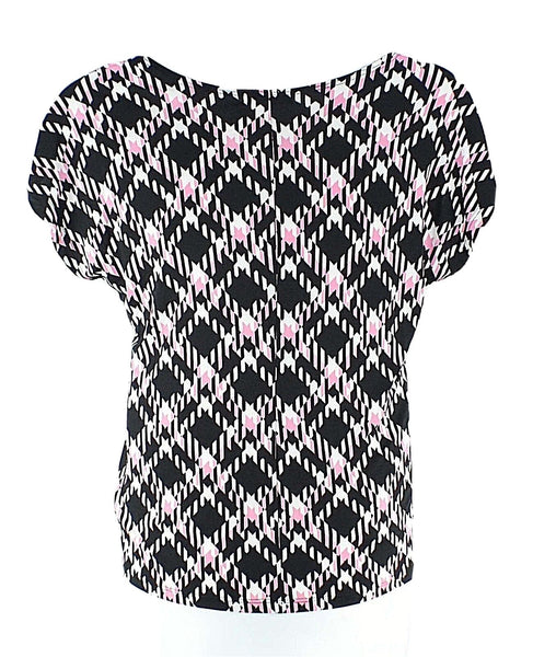 Vintage Suzie Sz L Black Pink White Drop Shoulder Polyester Spandex Top