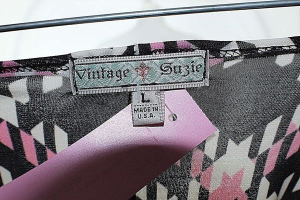 Vintage Suzie Sz L Black Pink White Drop Shoulder Polyester Spandex Top
