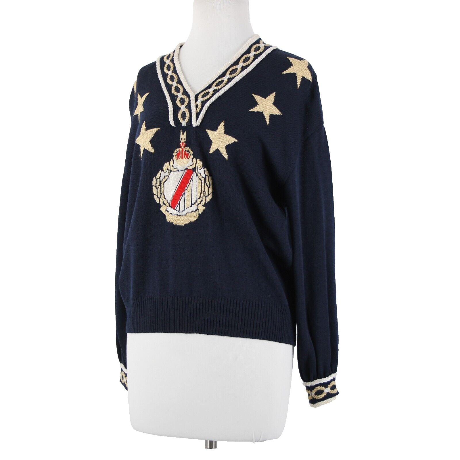 St John Sportswear Sz P Navy Blue Gold Cream Red Stars Santana Knit Sweater