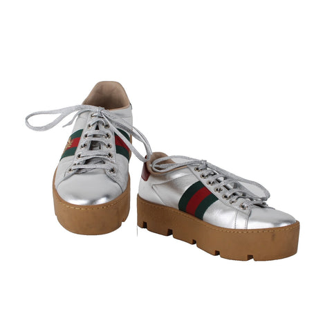 Gucci Flats Sz 35 Silver Green Multi Color Metallic Logo Lace Up Leather Flats