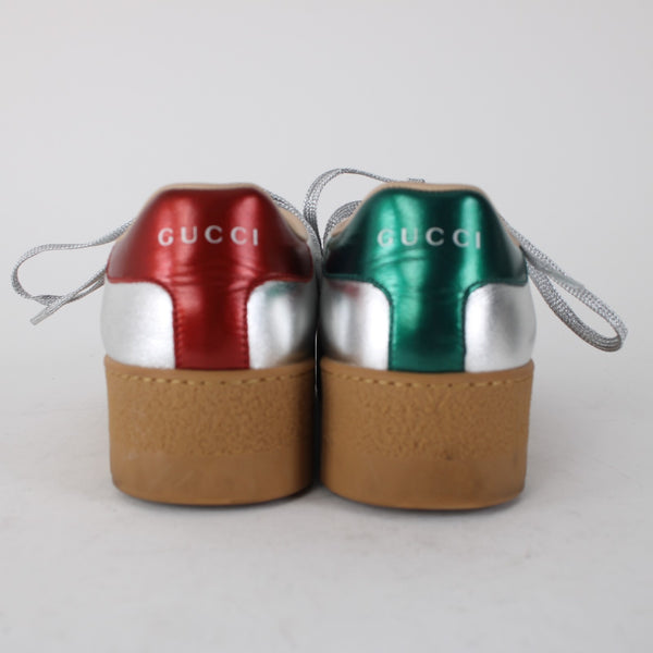 Gucci Flats Sz 35 Silver Green Multi Color Metallic Logo Lace Up Leather Flats