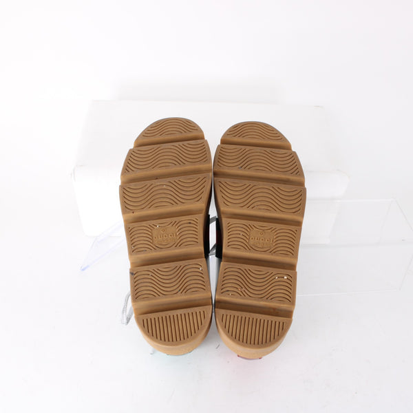 Gucci Flats Sz 35 Silver Green Multi Color Metallic Logo Lace Up Leather Flats