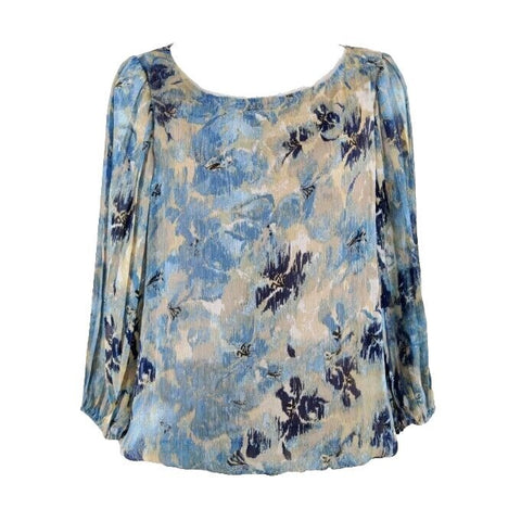 Cleo Sz M Blue Tan Navy Multi Elastic Hems 100% Polyester Blouse Top