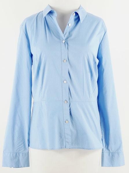 Talbots Sz M? Blue White Stripe Button Up Peplum Cotton Nylon Blend Top