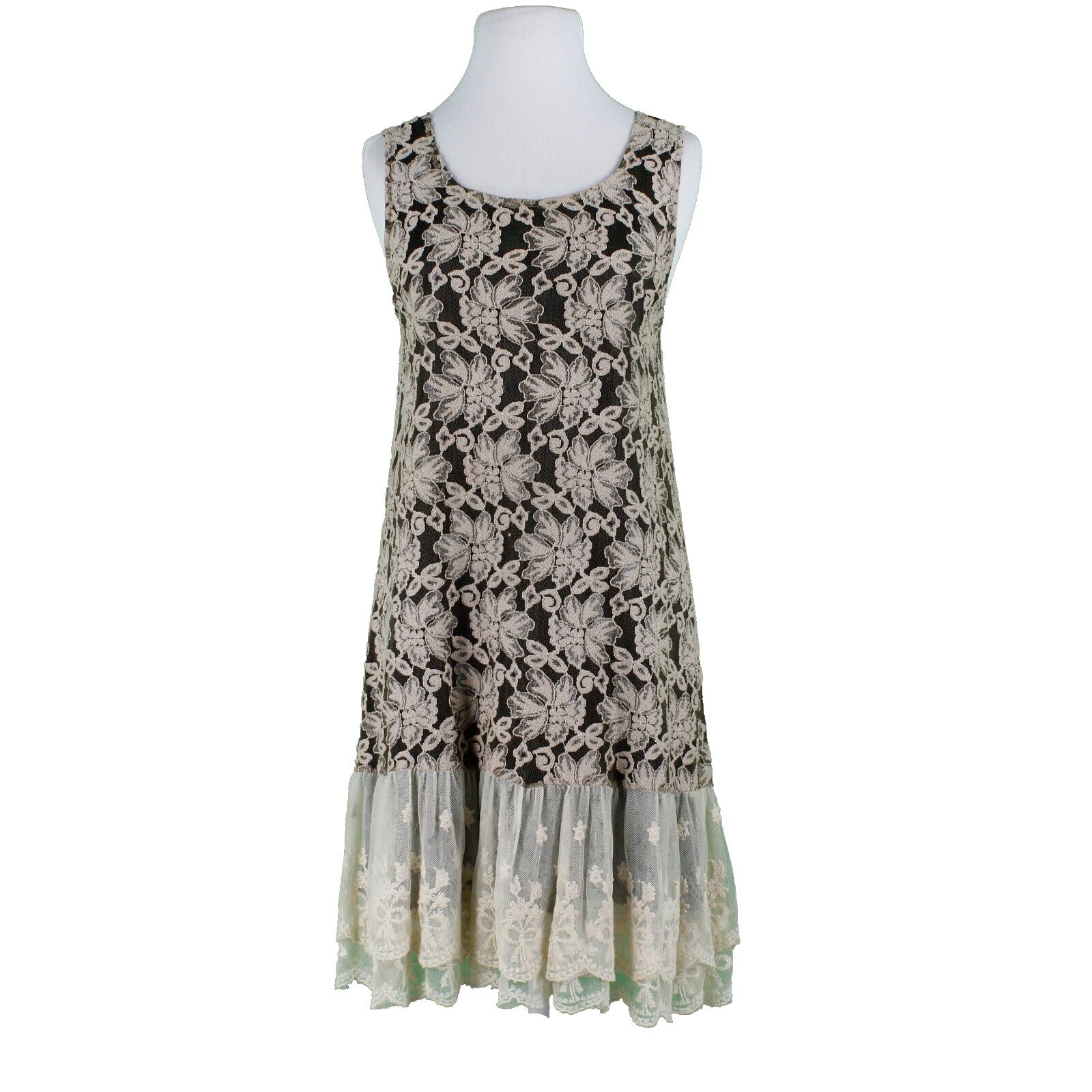 Rancho Estancia Sz L Black Beige Lined Laceover Double Ruffle Nylon Blend Dress